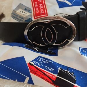 CHANEL Black Belt with Silver Logo Buckle